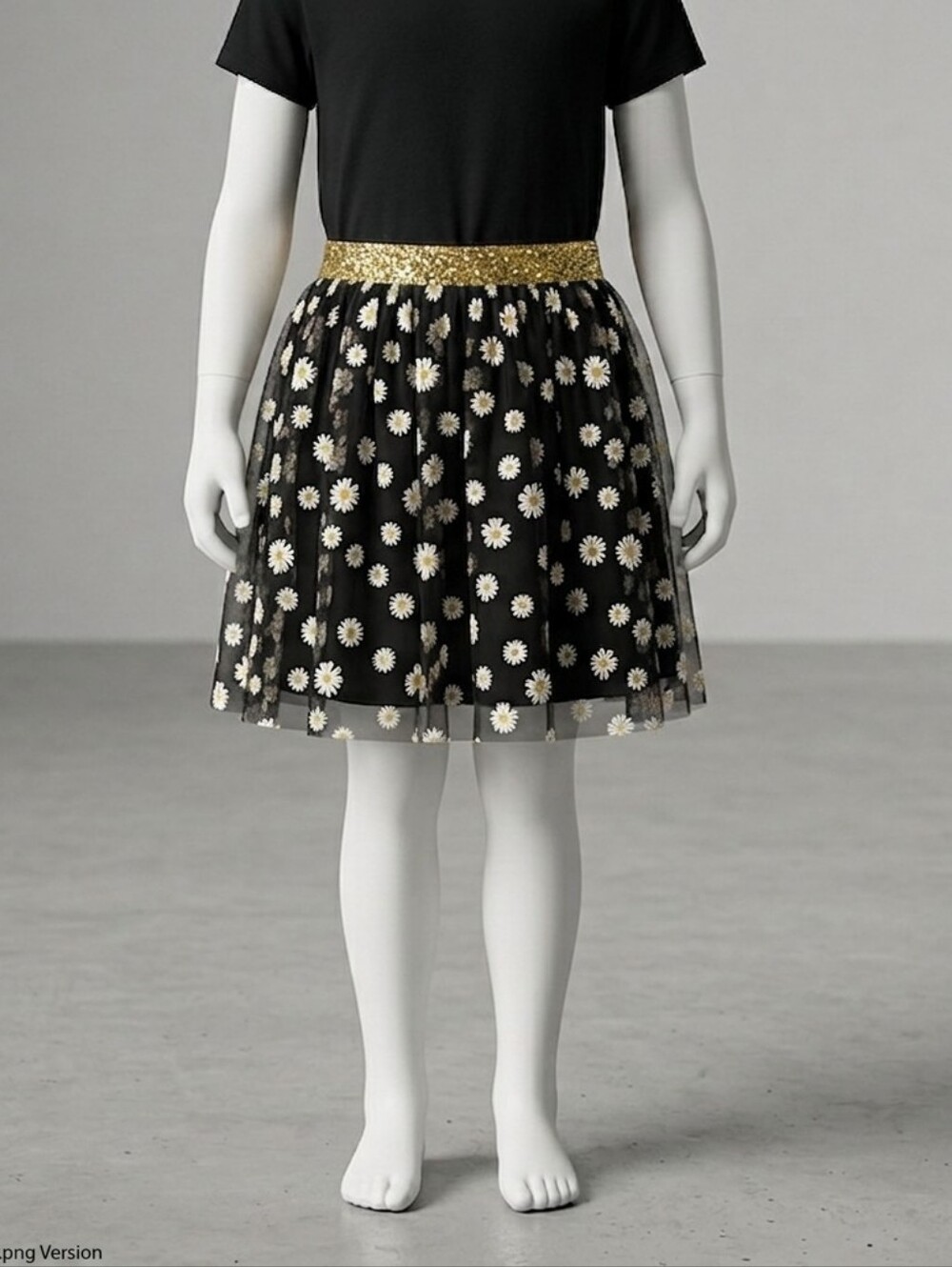 Black Daisy Print Tulle Mesh Skirt Gold Metallic Elastic Waist Band Layered Midi